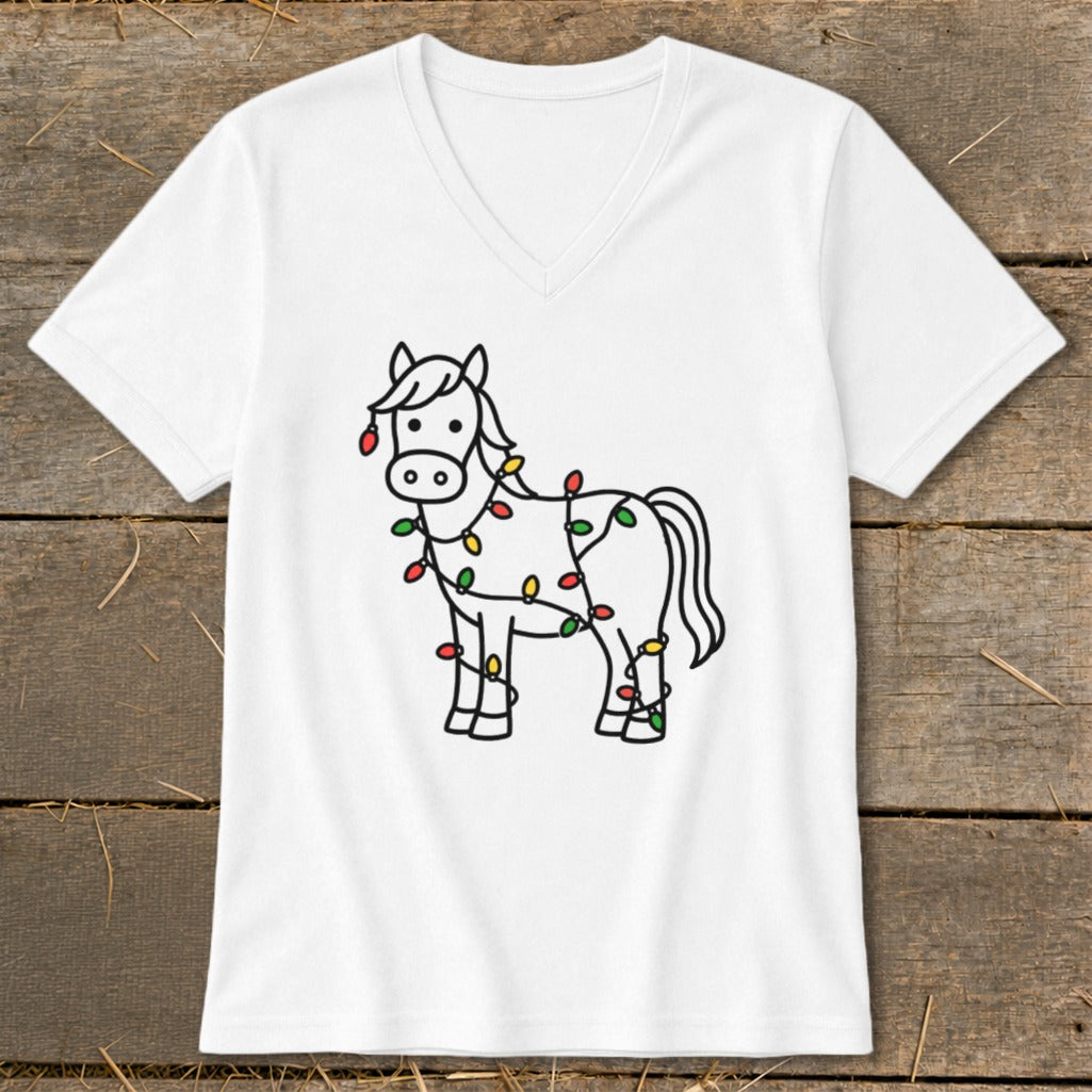 White v-neck t-shirt with a cartoon horse wrapped in Christmas lights.
