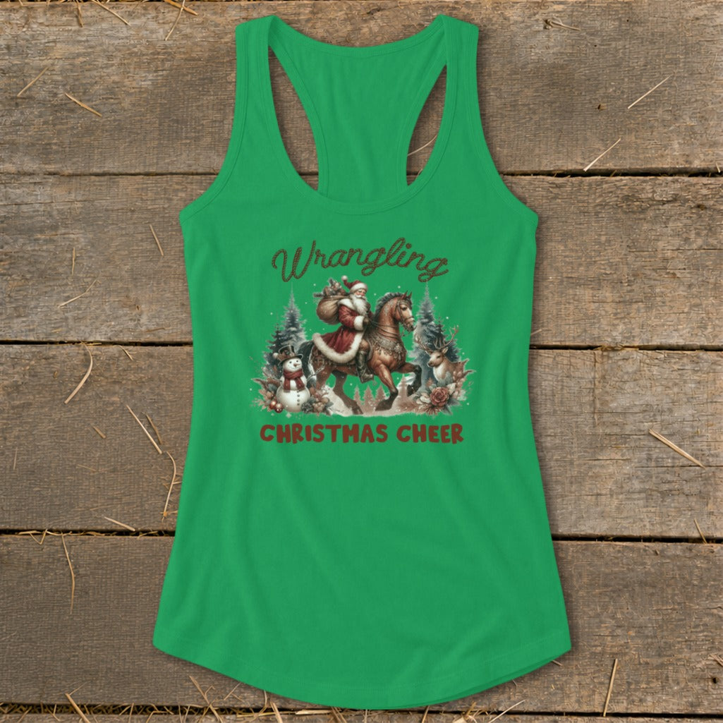 Green tank top with Santa on a horse, snowman, deer, and text "Wrangling Christmas Cheer."