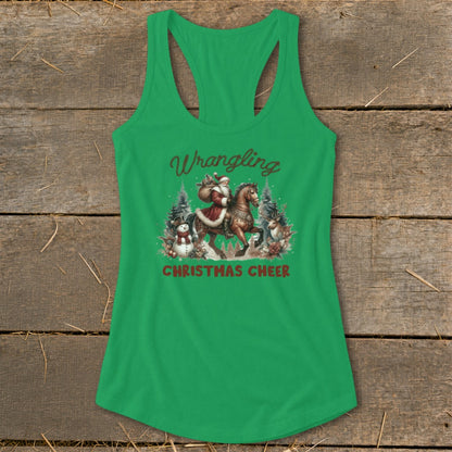 Green tank top with Santa on a horse, snowman, deer, and text "Wrangling Christmas Cheer."