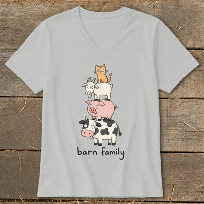 Gray t-shirt with a cow, pig, goat, and cat stacked and text "barn family".