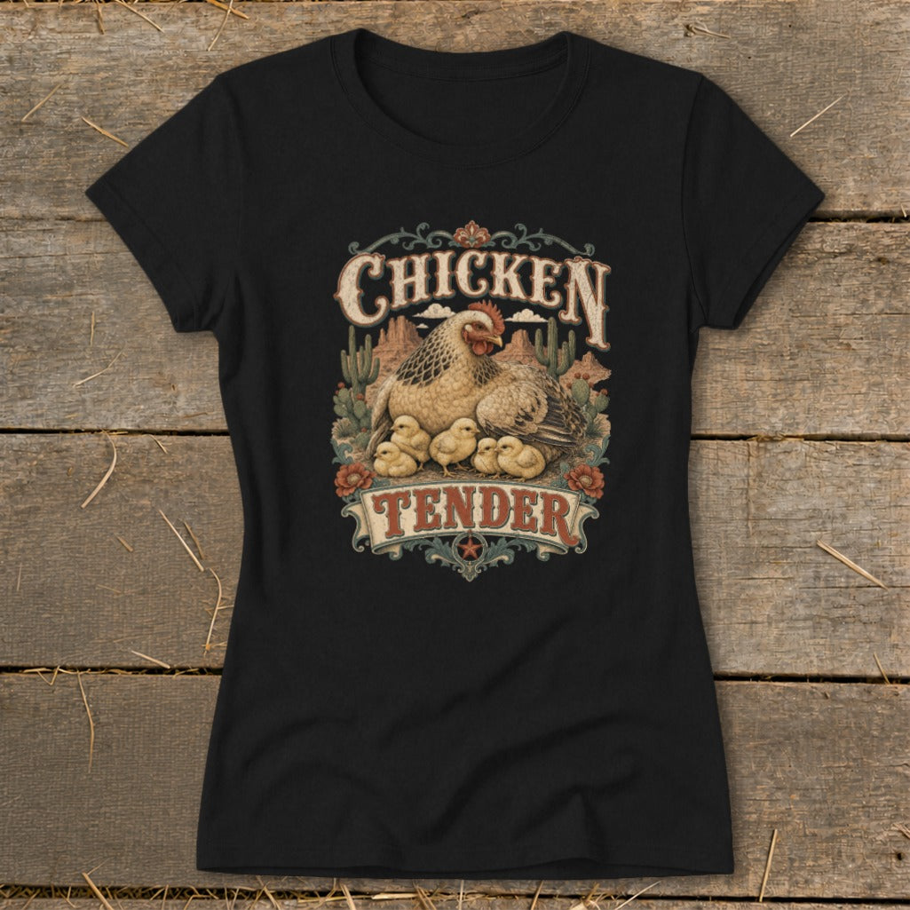 Black t-shirt with "Chicken Tender" graphic featuring a hen and chicks in a desert scene.