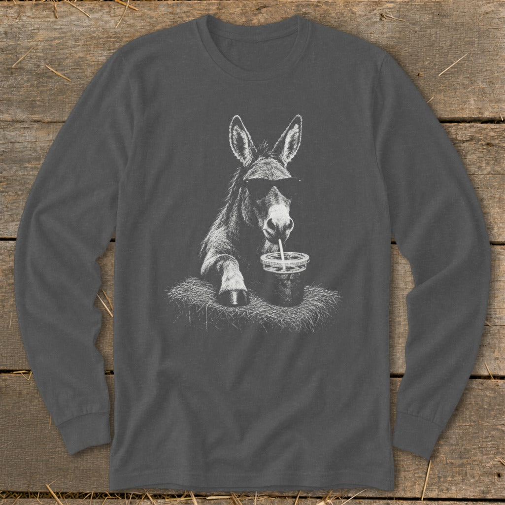 Donkey wearing sunglasses drinks from a cup with a straw on a long-sleeved shirt.