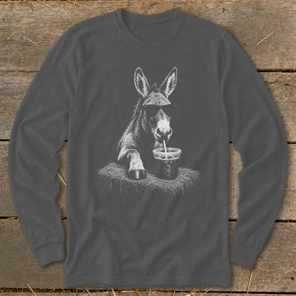 Donkey wearing sunglasses drinks from a cup with a straw on a long-sleeved shirt.