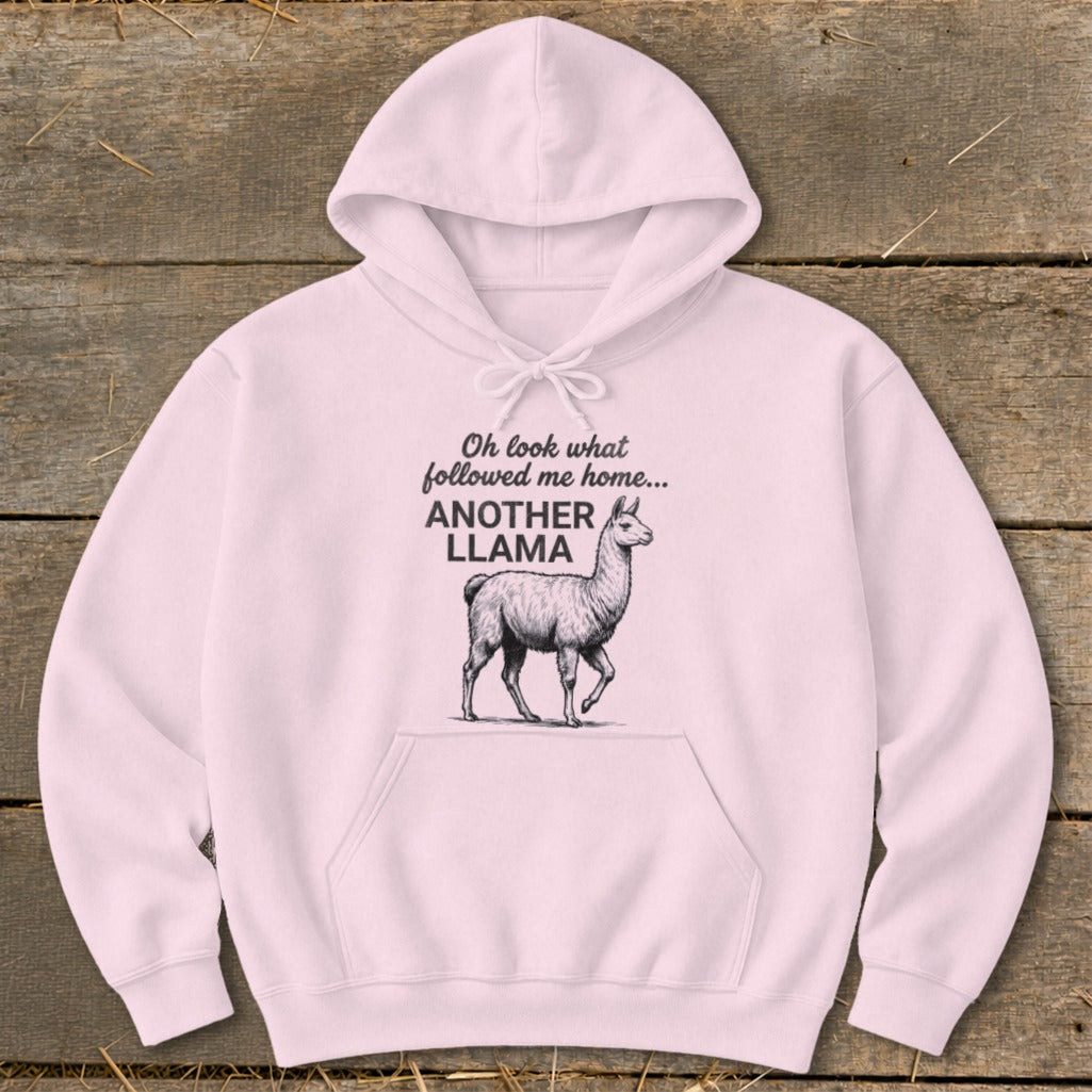 Pink hoodie with "Oh look what followed me home... ANOTHER LLAMA" text and llama graphic.