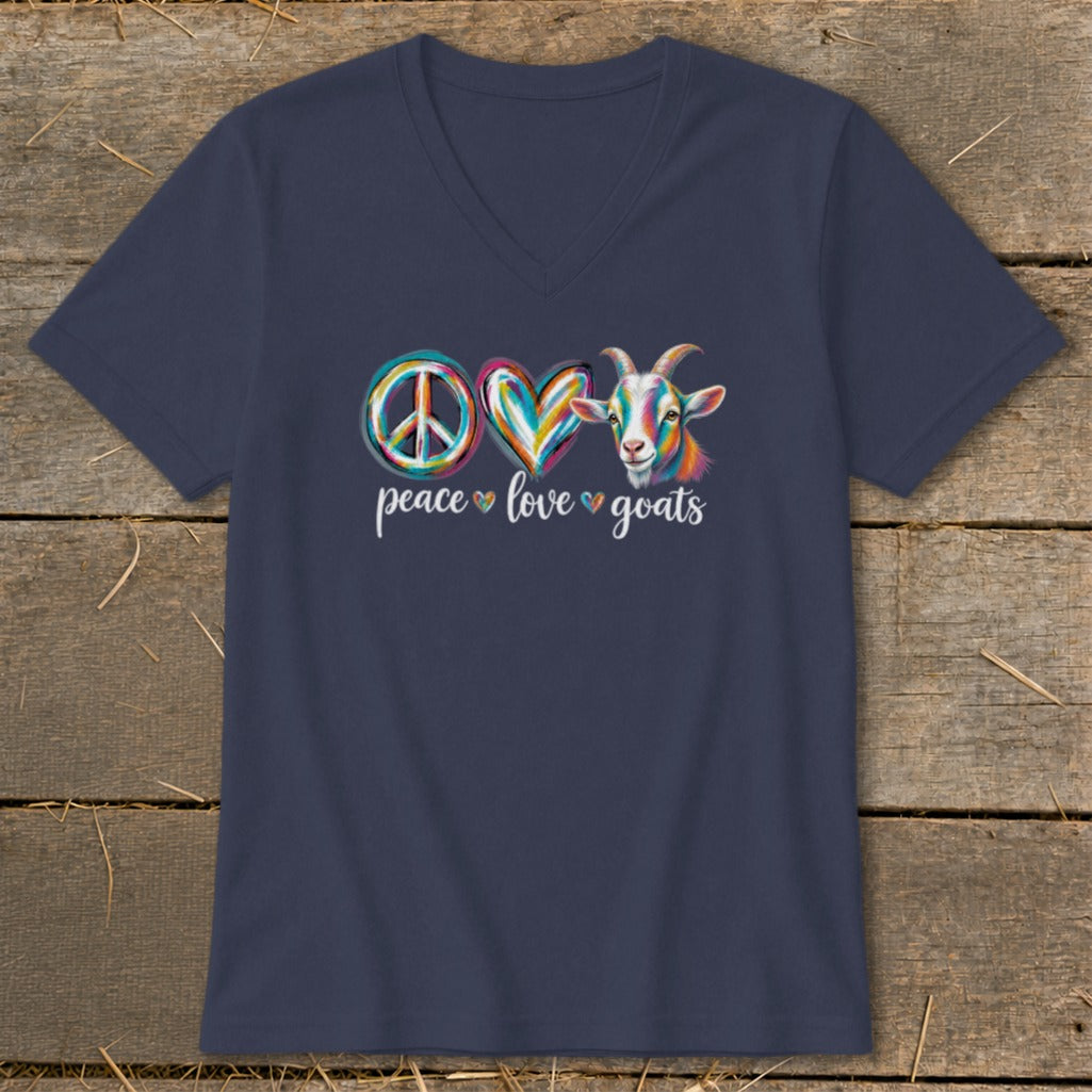 Navy v-neck t-shirt with peace sign, heart, and colorful goat graphic.