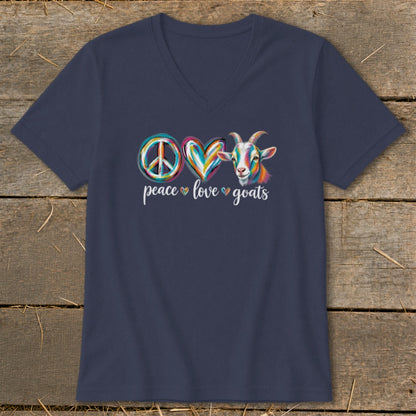 Navy v-neck t-shirt with peace sign, heart, and colorful goat graphic.