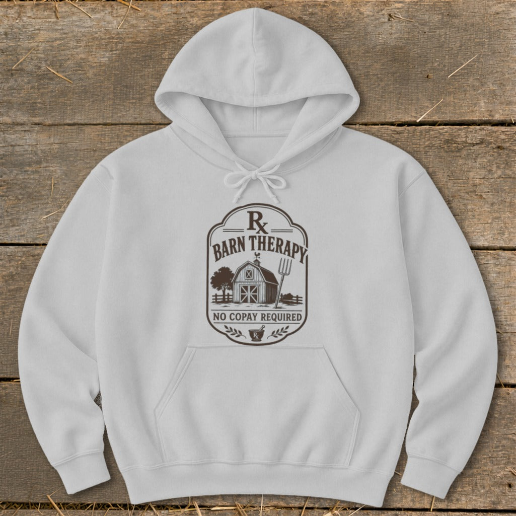 White hoodie with "Rx Barn Therapy" design featuring a barn, pitchfork, and "No Copay Required."