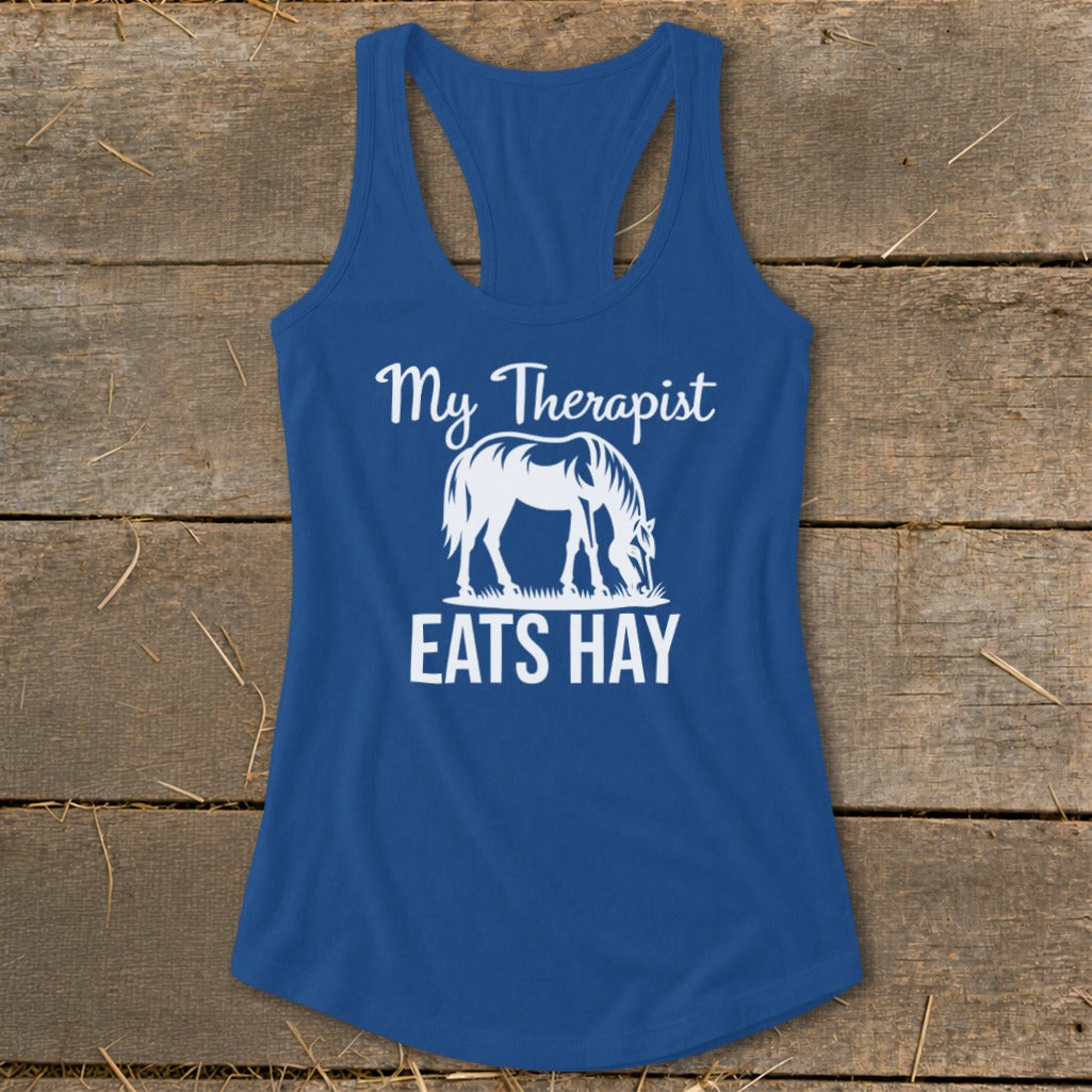 Royal blue tank top with white text and horse graphic saying "My Therapist EATS HAY".