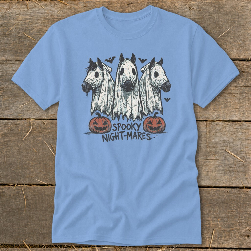 Three horses in ghost costumes with pumpkins and bats. Text "Spooky Night-Mares".