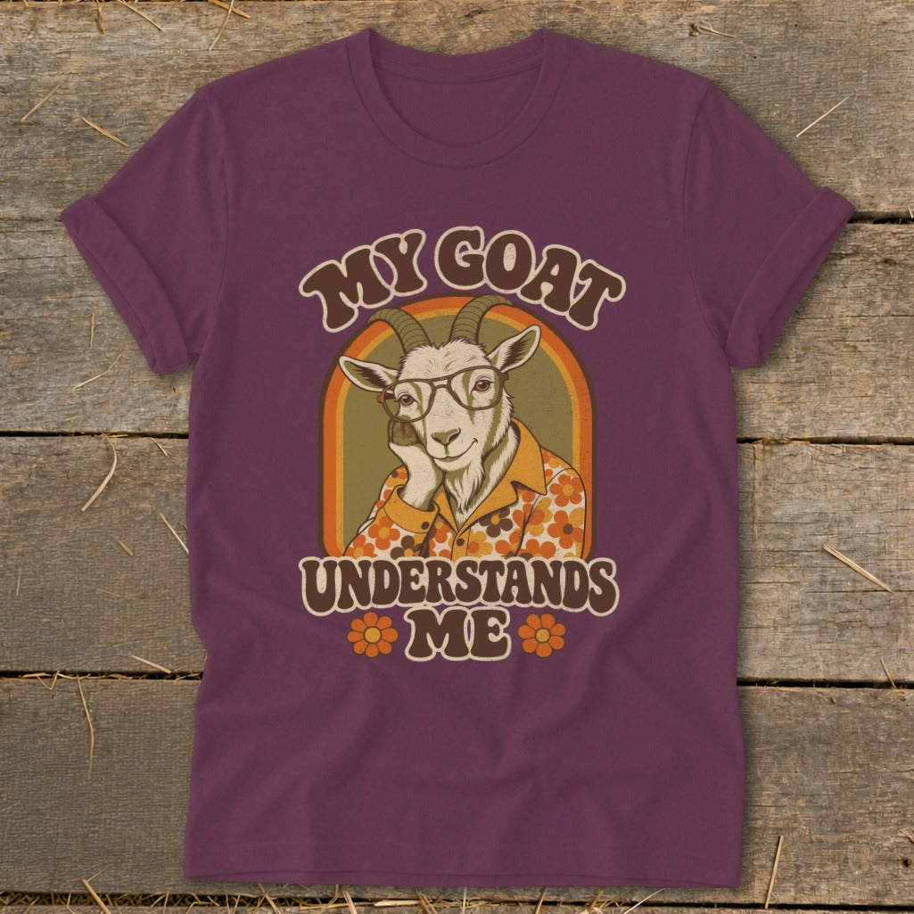 T-shirt with graphic of goat wearing glasses and retro shirt, "My Goat Understands Me".