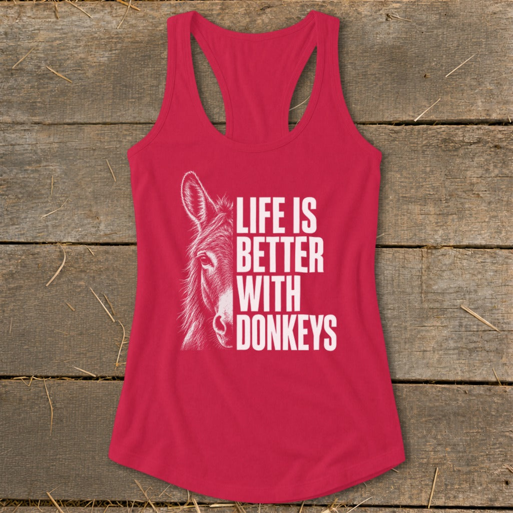 Red tank top with a donkey illustration and "Life is Better With Donkeys" text.