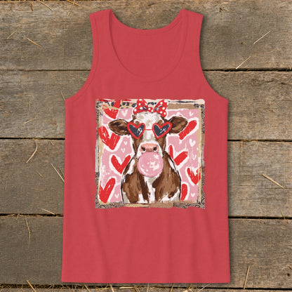 Cow with heart sunglasses and bow blowing bubblegum on a pink heart background.