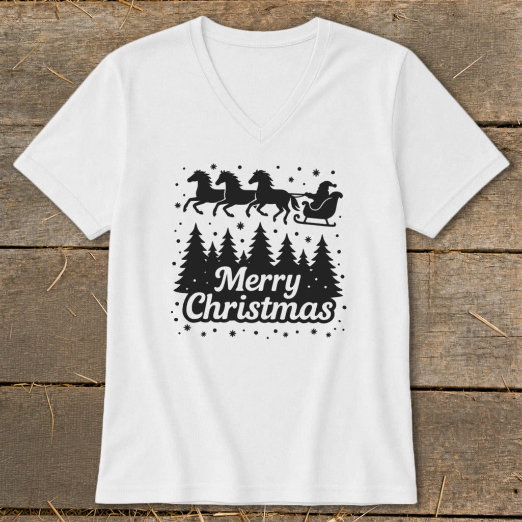 White t-shirt with black Christmas design featuring Santa in a sleigh pulled by horses, trees, and text.