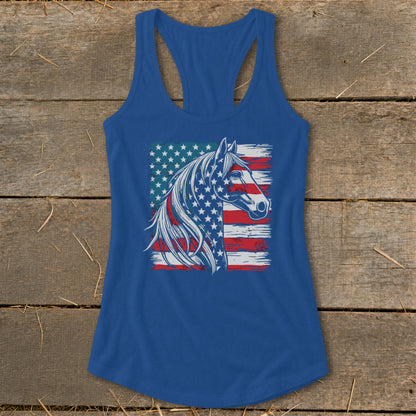 Blue tank top with a distressed American flag horse graphic on the front.