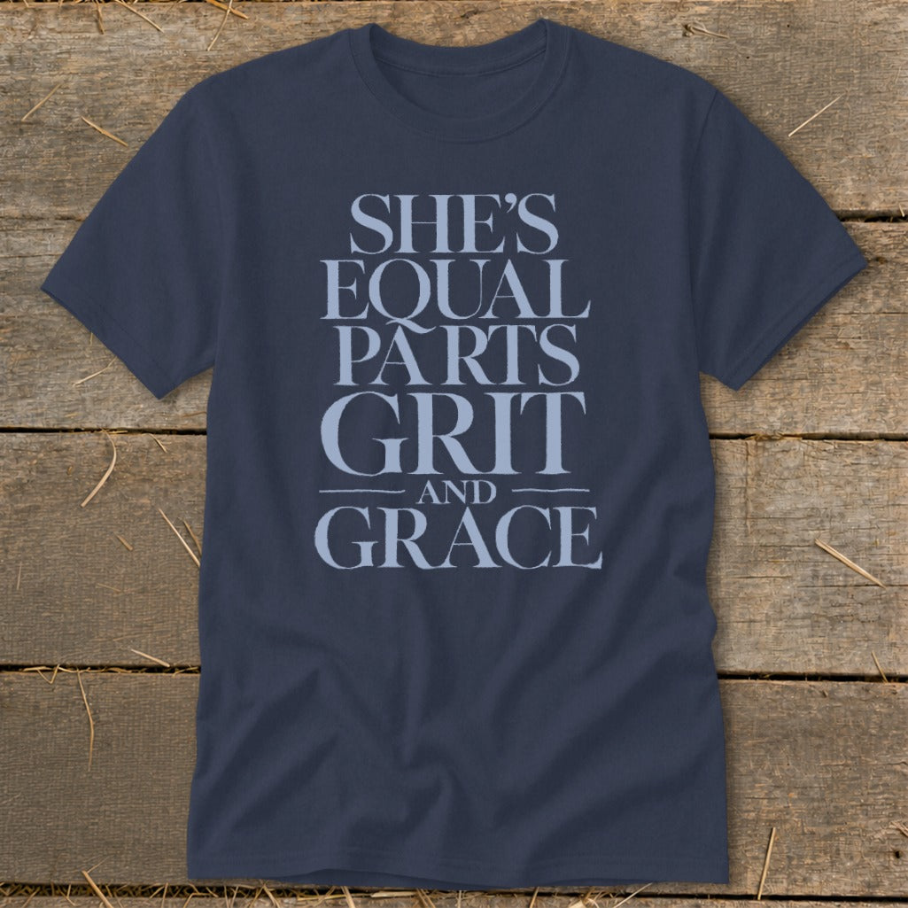 Navy t-shirt with "She's Equal Parts Grit and Grace" text.
