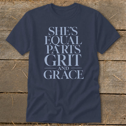 Navy t-shirt with "She's Equal Parts Grit and Grace" text.