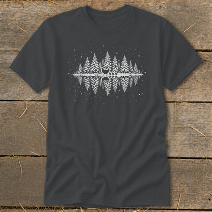 Dark gray t-shirt with white graphic of a forest and reflection, including a deer silhouette.