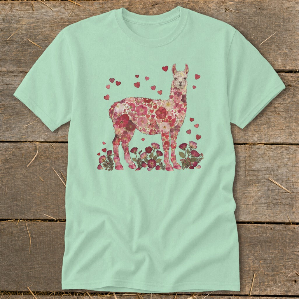 Mint green t-shirt with a floral alpaca and heart graphic.