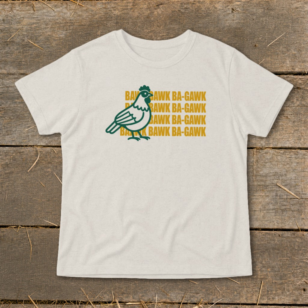 Cream t-shirt with green chicken and "Bawk Ba-Gawk" text.