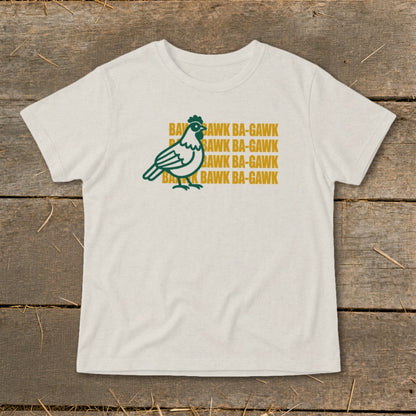 Cream t-shirt with green chicken and "Bawk Ba-Gawk" text.