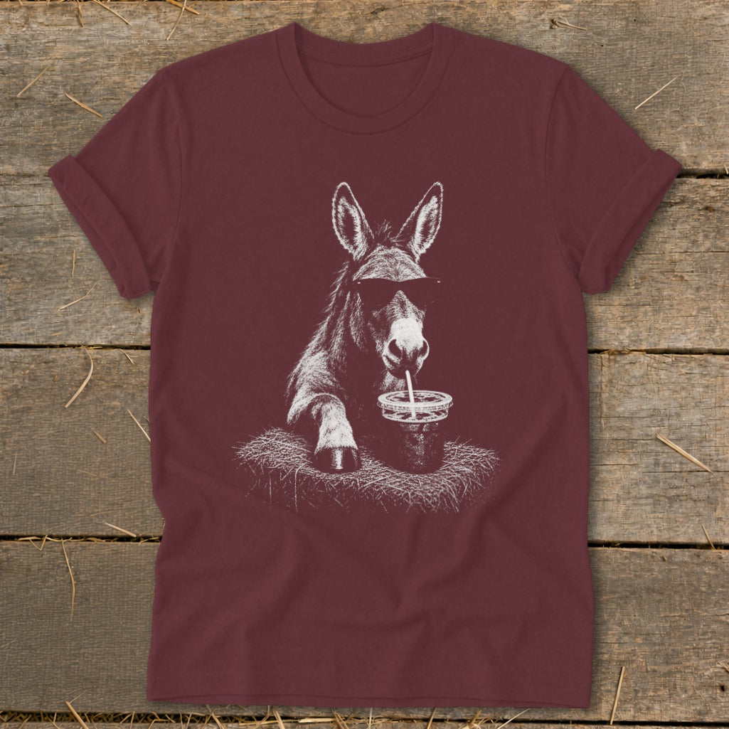 Maroon t-shirt with a donkey wearing sunglasses drinking from a cup.
