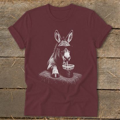 Maroon t-shirt with a donkey wearing sunglasses drinking from a cup.