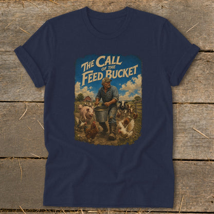 Farm scene with man feeding animals, text "The Call of the Feed Bucket".