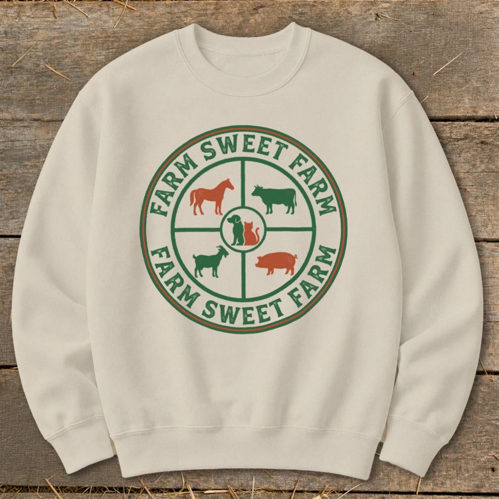 Cream sweatshirt with "Farm Sweet Farm" text and circle of farm animal silhouettes.