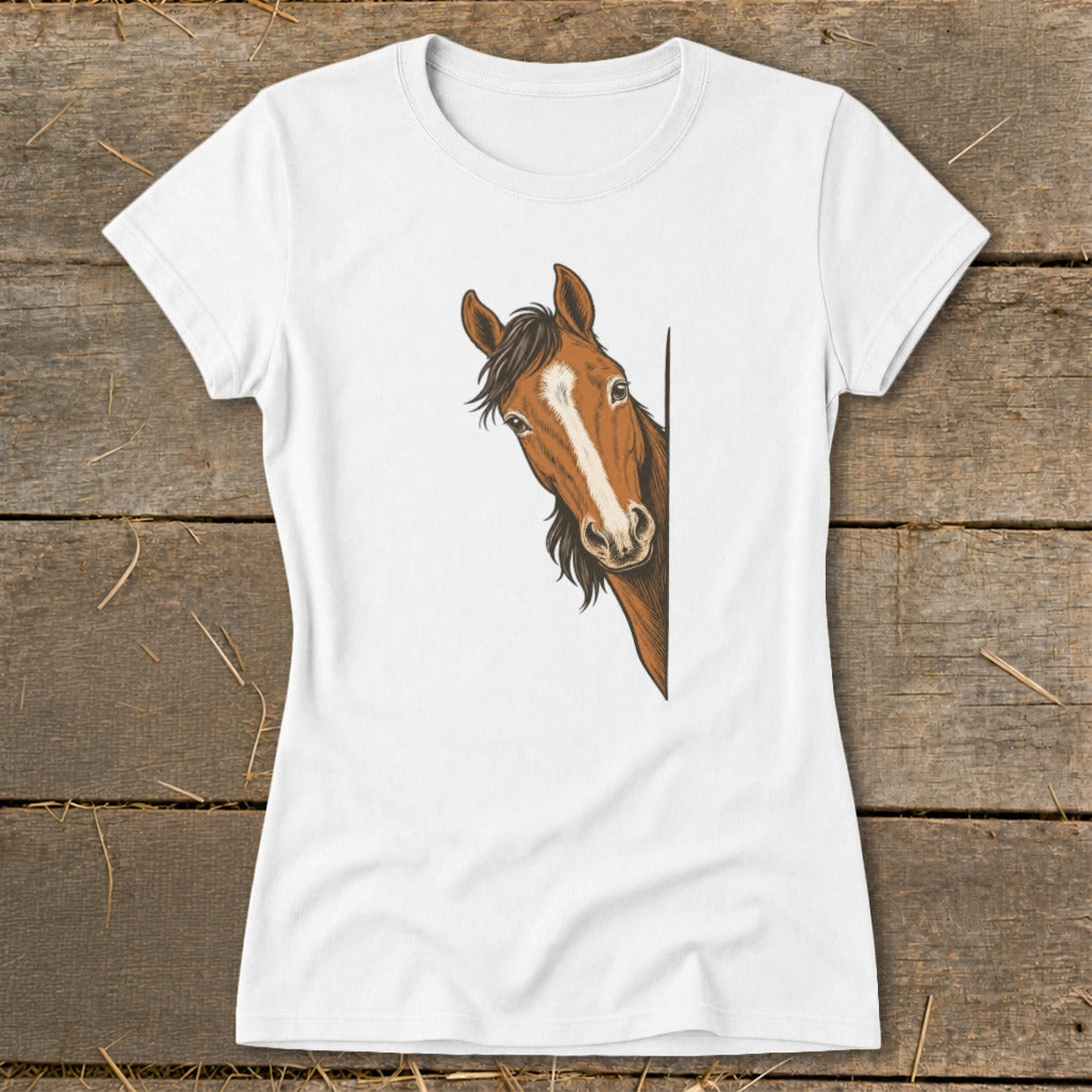 White t-shirt with a brown horse peeking from the right side.