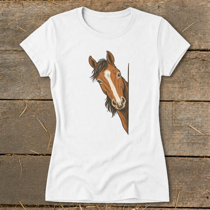 White t-shirt with a brown horse peeking from the right side.