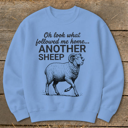Light blue sweatshirt with a sketch of a ram and text "Oh look what followed me home... ANOTHER SHEEP".