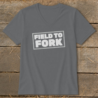 Charcoal gray V-neck t-shirt with a white rectangular border containing the text FIELD TO FORK.