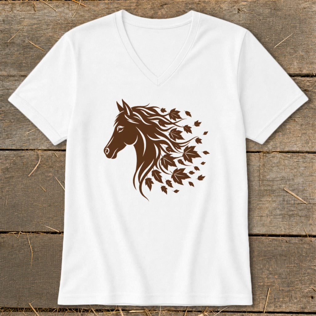 White v-neck t-shirt with a brown horse head graphic and falling leaves.