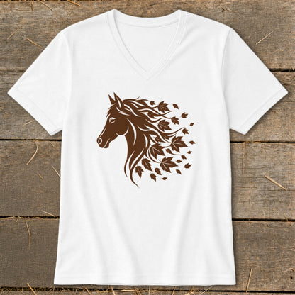 White v-neck t-shirt with a brown horse head graphic and falling leaves.