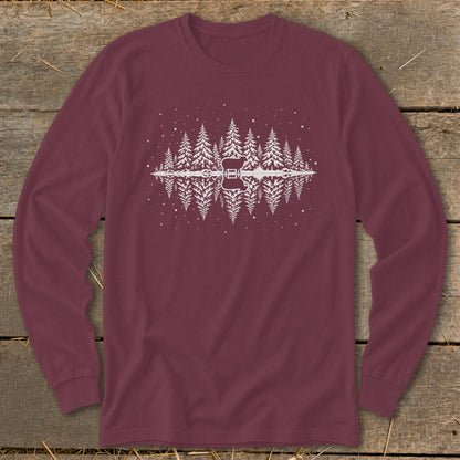 Maroon long-sleeve shirt with white graphic of pine trees and guitar reflecting in water.