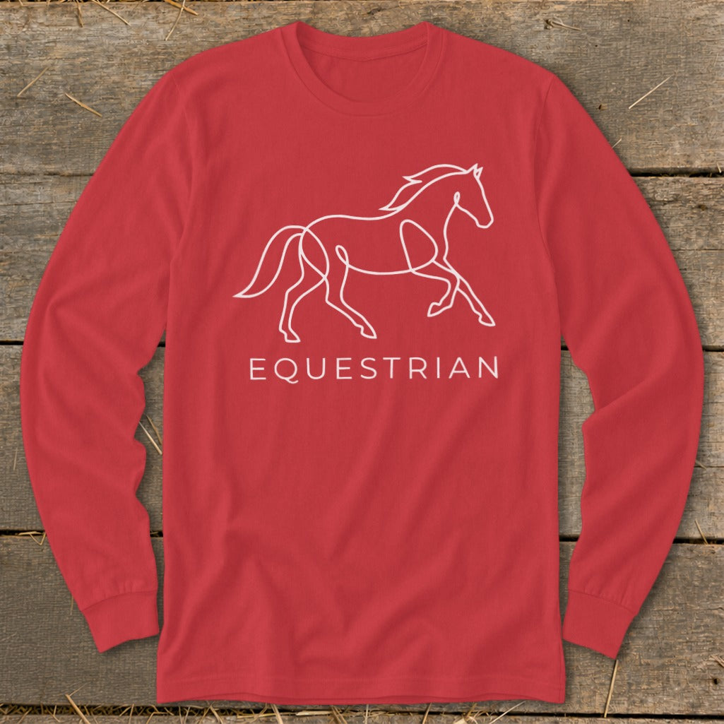 Red long-sleeve shirt with white line art horse and "Equestrian" text.