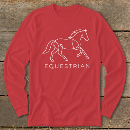 Red long-sleeve shirt with white line art horse and "Equestrian" text.