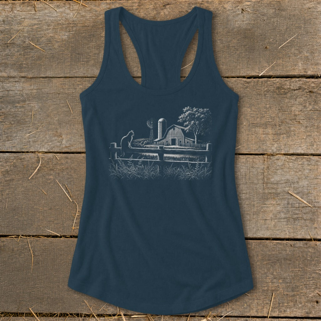 Dark blue tank top with a white line drawing of a cat on a fence, barn, windmill, and tree.