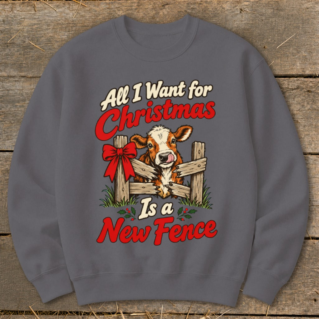 Cow wearing a red bow behind a fence with text "All I Want for Christmas Is a New Fence".