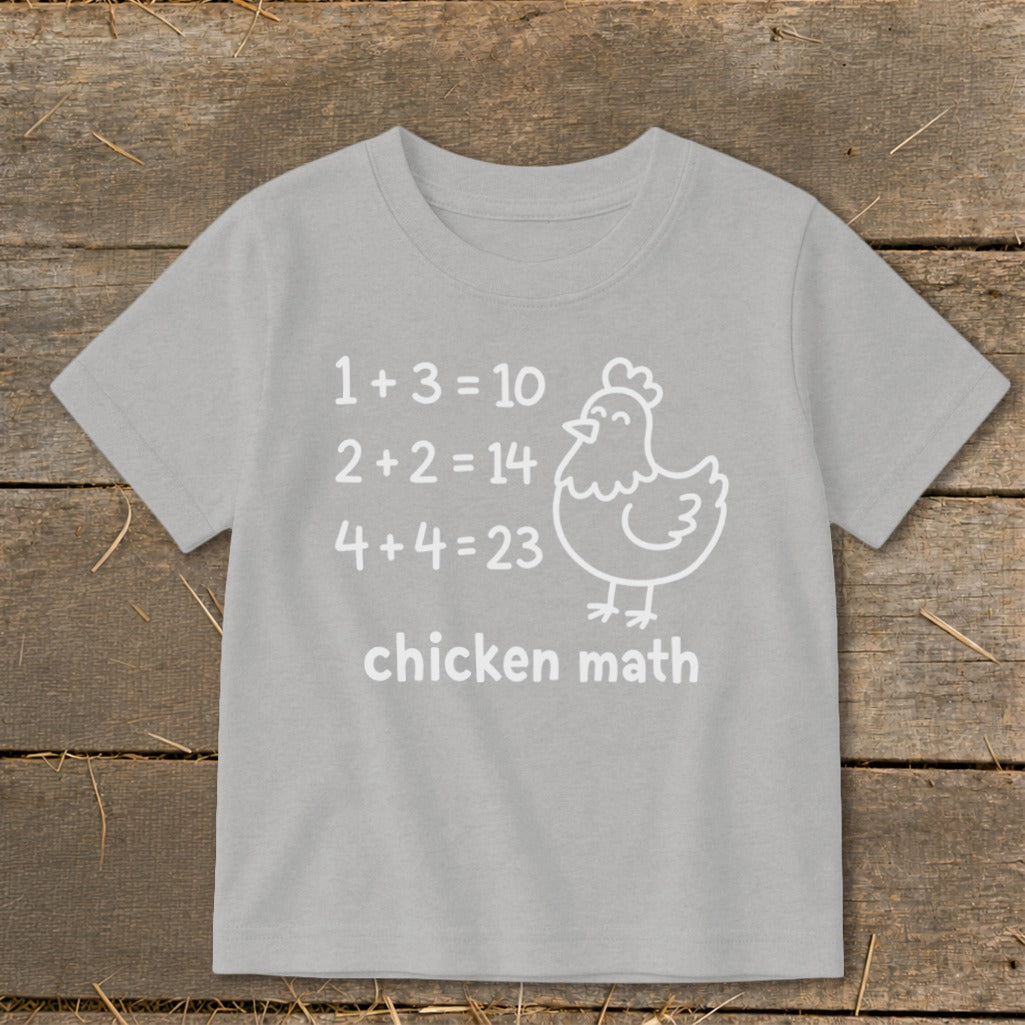 Light grey t-shirt with "chicken math" and funny math equations with a chicken illustration.
