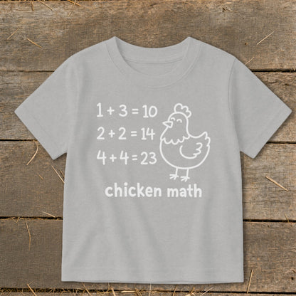 Light grey t-shirt with "chicken math" and funny math equations with a chicken illustration.