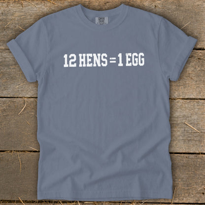 A blue-gray crewneck t-shirt with rolled sleeves features white distressed text that reads 12 HENS = 1 EGG.