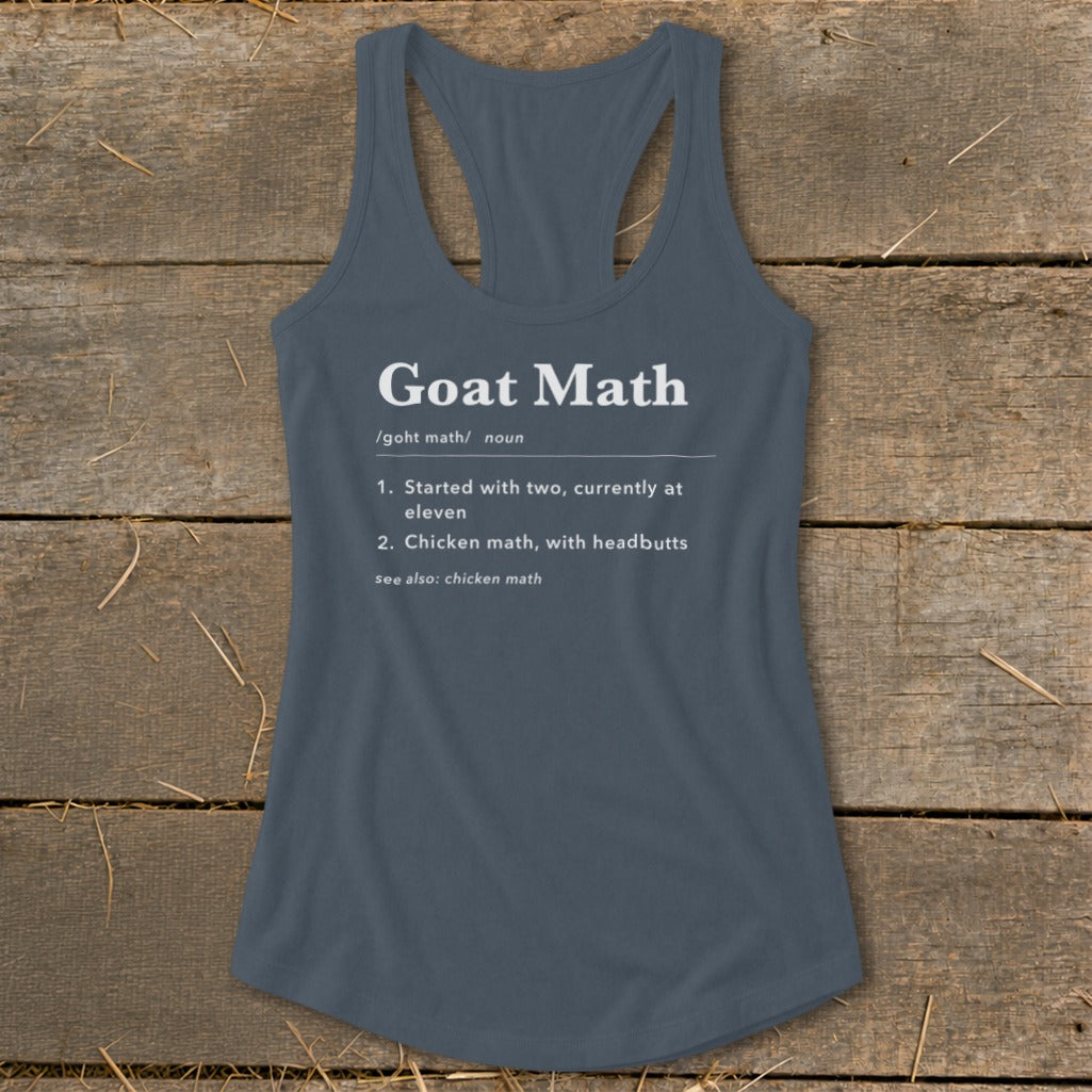 Grey tank top with "Goat Math" definition printed in white.