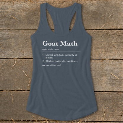 Grey tank top with "Goat Math" definition printed in white.