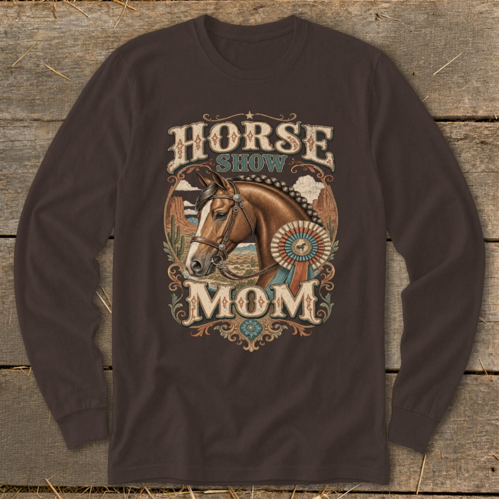 Horse Show Mom graphic with horse head, ribbon, and desert scenery.