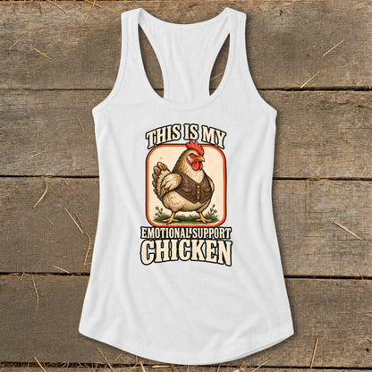 White tank top with a chicken graphic reading "This is my emotional support chicken".