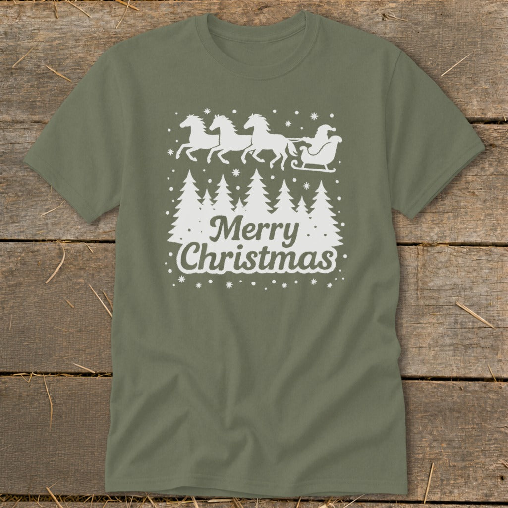 Olive green t-shirt with white graphic of Santa's sleigh pulled by horses, trees, and "Merry Christmas".