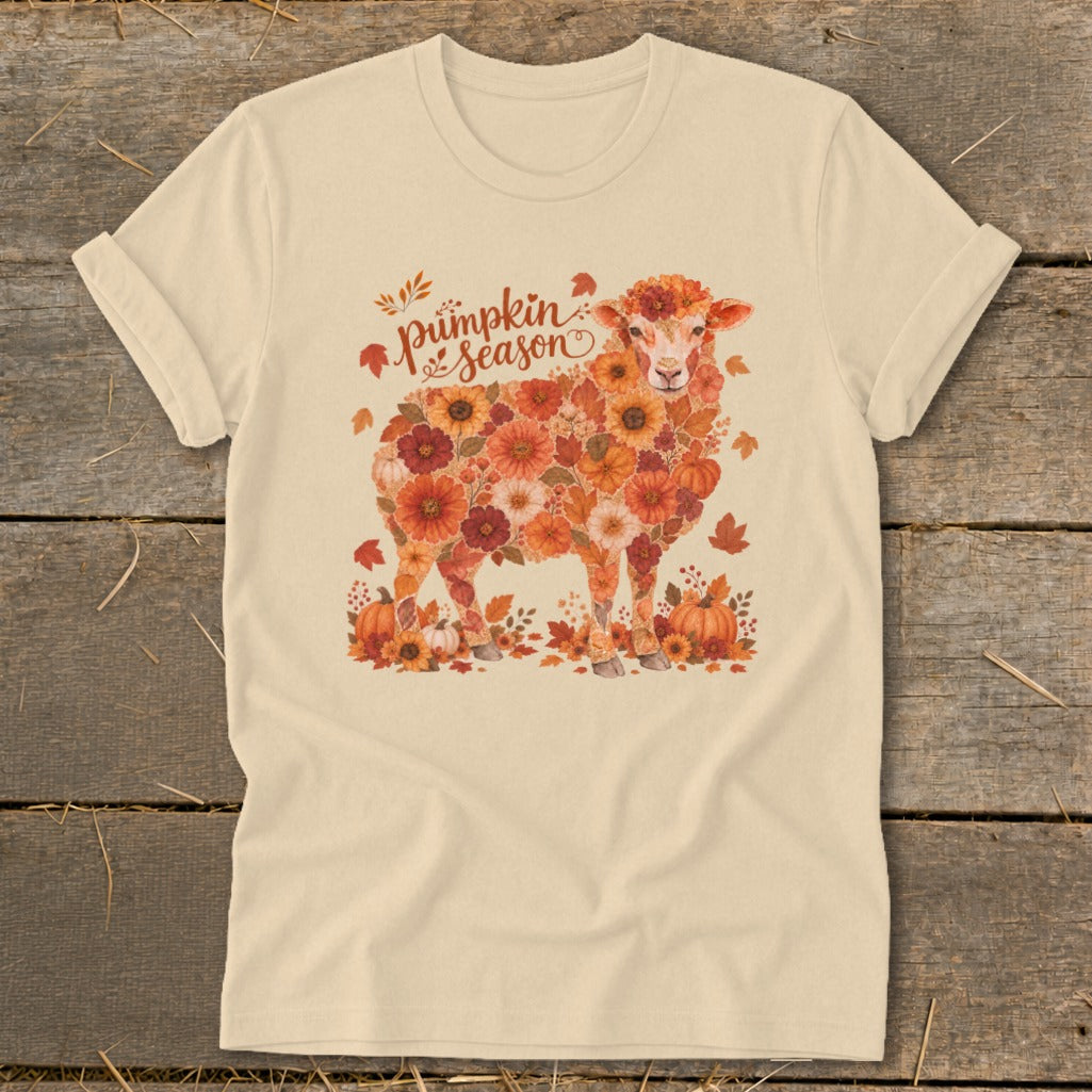 Sheep graphic made of autumn flowers with "Pumpkin Season" text.