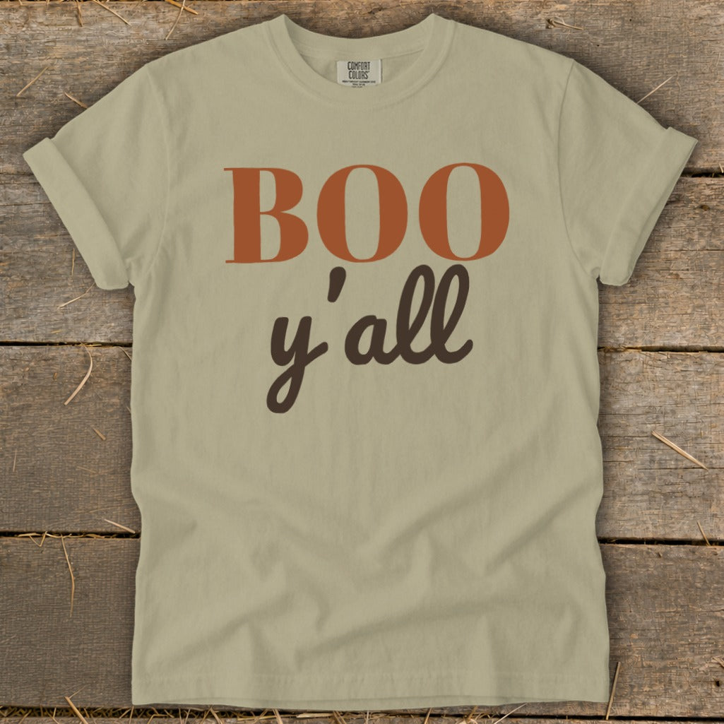 Light tan t-shirt with "BOO y'all" graphic in orange and brown.
