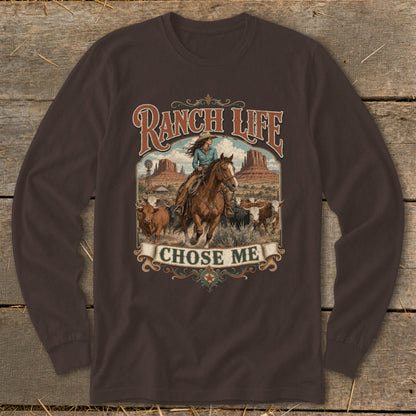 Ranch life chose me text above a woman on horseback with cattle and mesas.